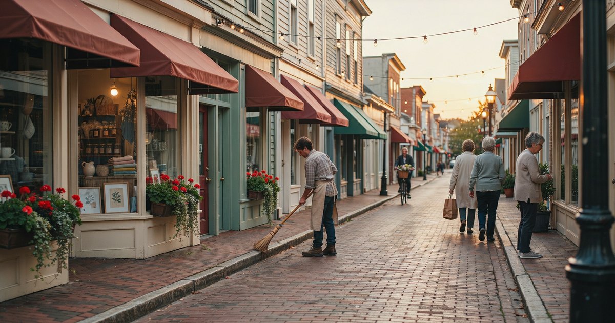 A small-town main street of local shops at golden hour.