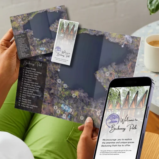 Beckoning Path brochure with a map, next to a phone showing the welcome guide