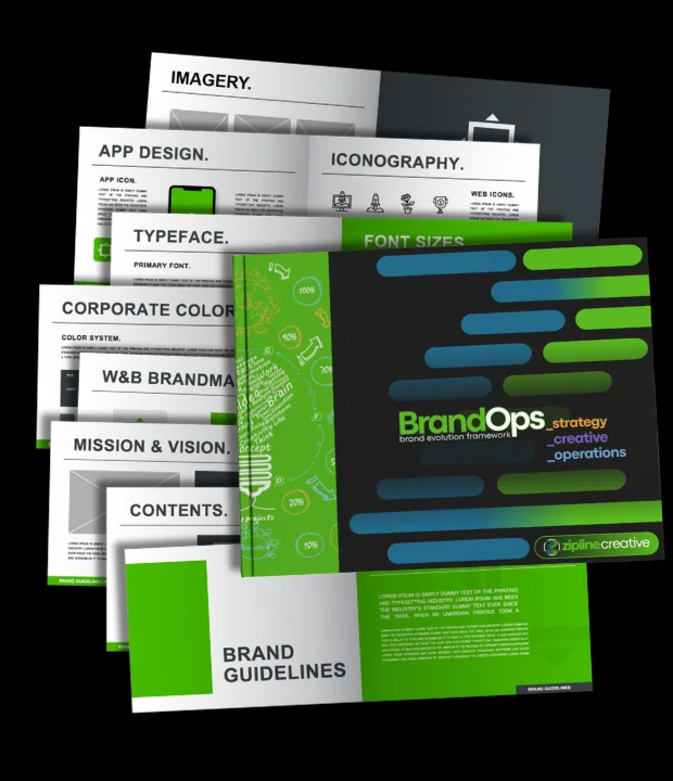 BrandOps brand guidelines spread: typeface, corporate colors, iconography and app design pages