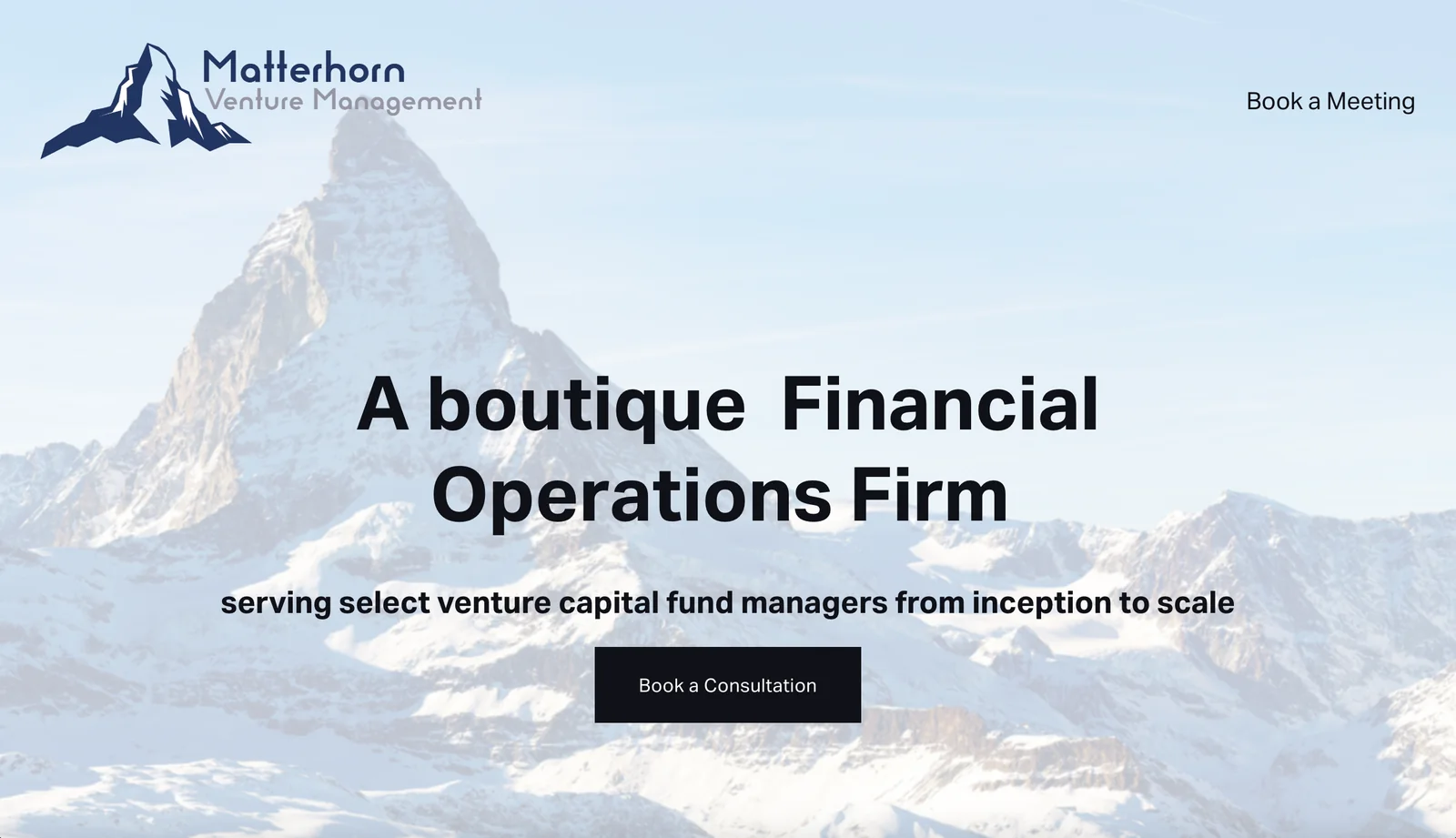 Matterhorn Venture Management website homepage: A boutique Financial Operations Firm, over a mountain photo