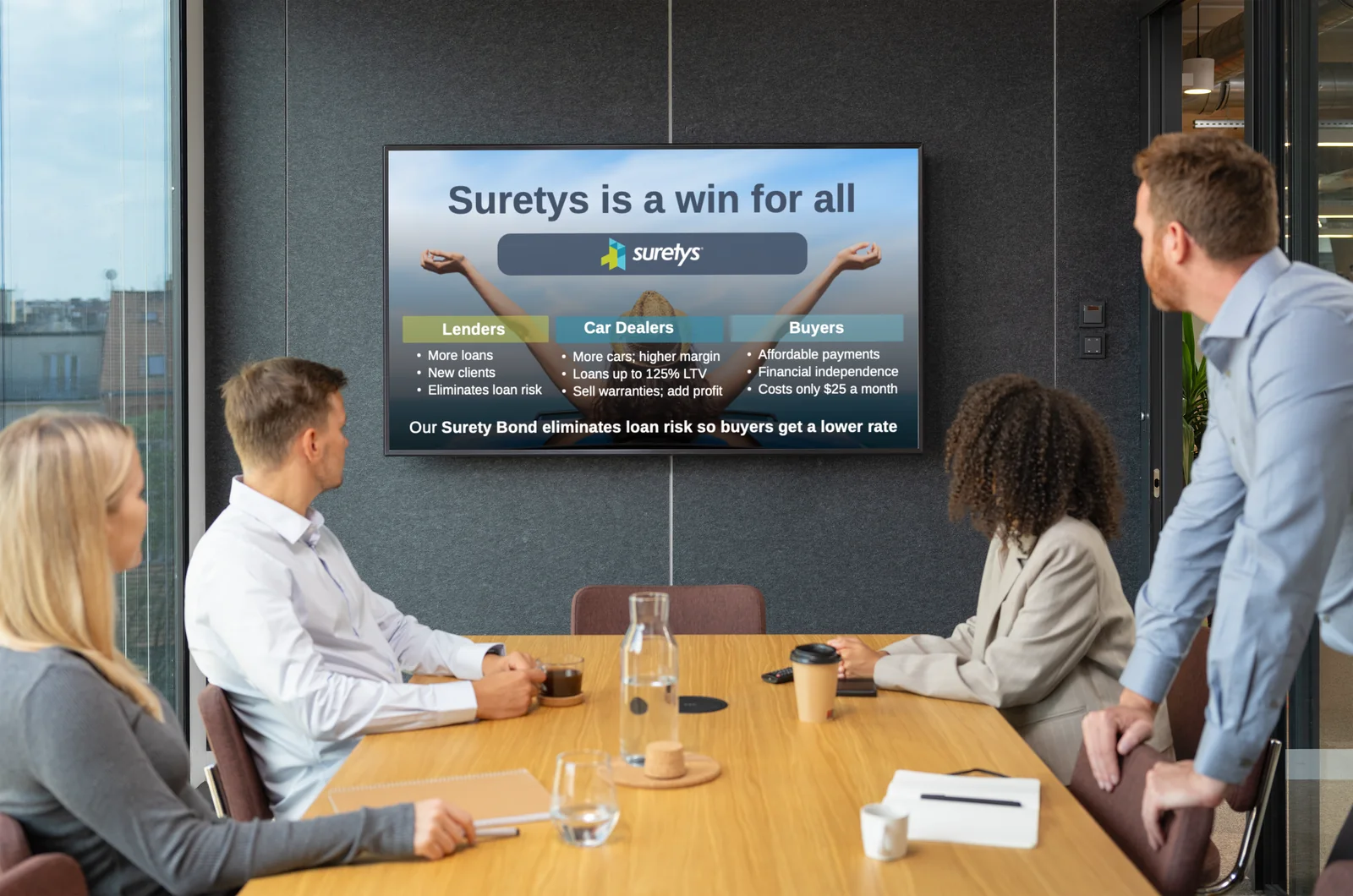 Suretys investor deck slide, Suretys is a win for all, on a meeting room screen